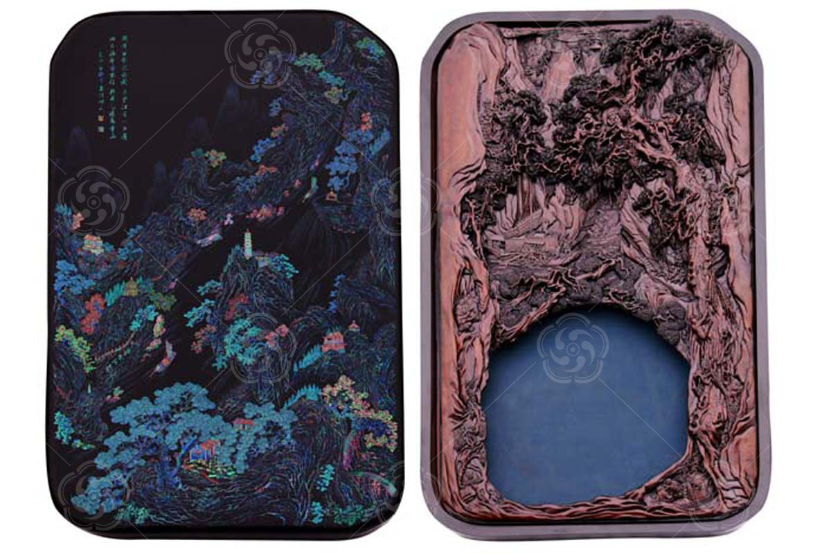 點螺楠木雕“峽趣”漆砂硯