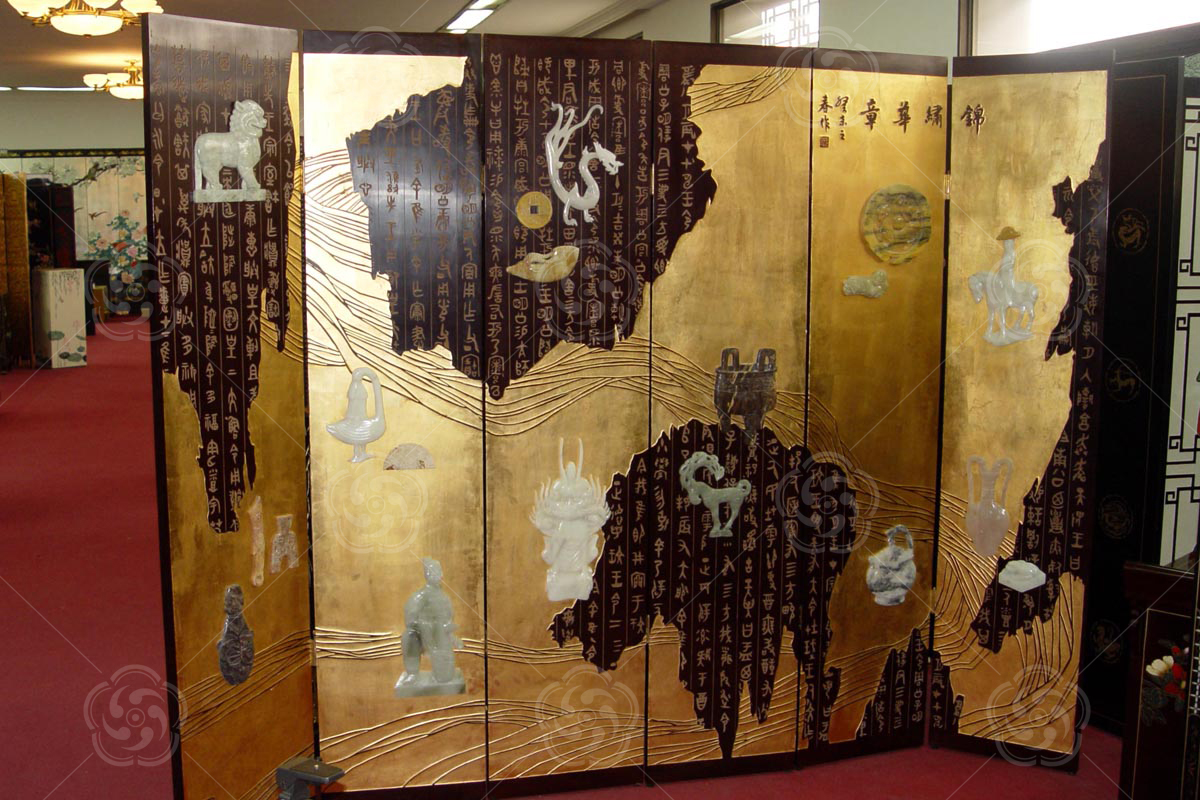 骨石刻漆《錦繡華章》博古無邊屏風(fēng)