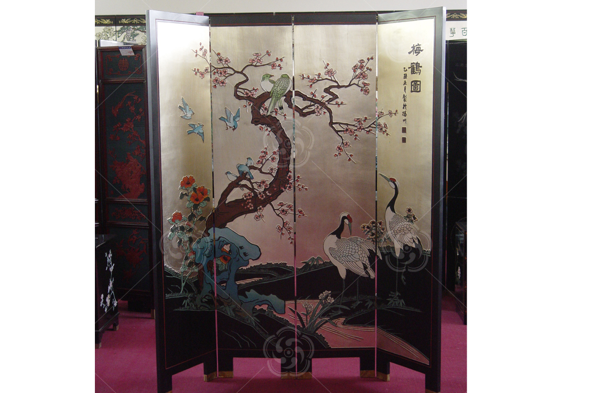 刻漆金底梅鶴圖屏風(fēng)